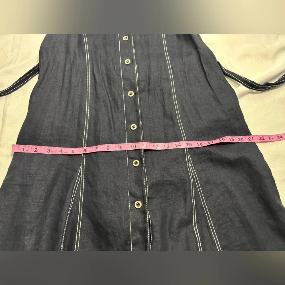 Linen Dress Button Up Navy White Stitching Belted - Picture 8 of 9